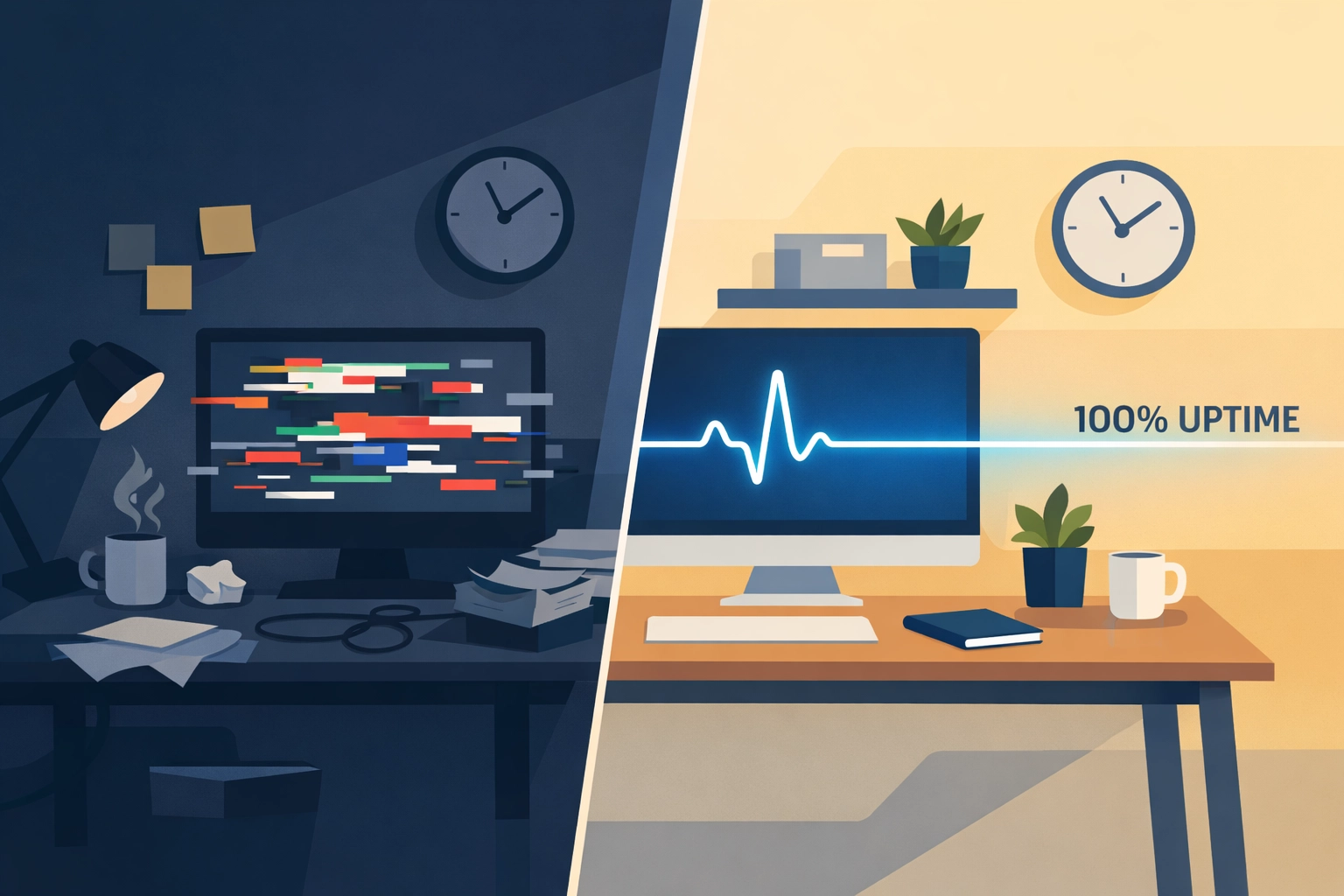 Illustration showing the contrast between reactive IT downtime and proactive 100% business uptime.