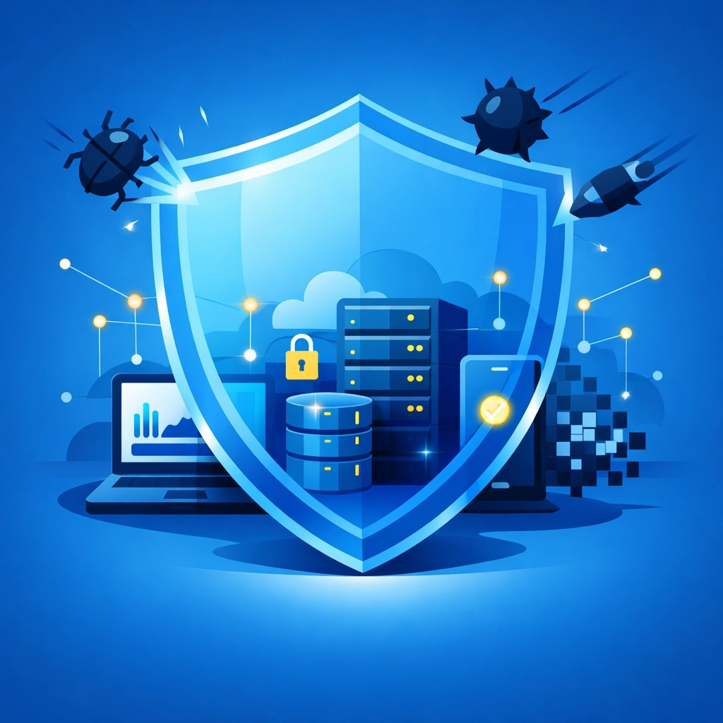 Protective digital shield securing a network of devices against cyber threats and data breaches.