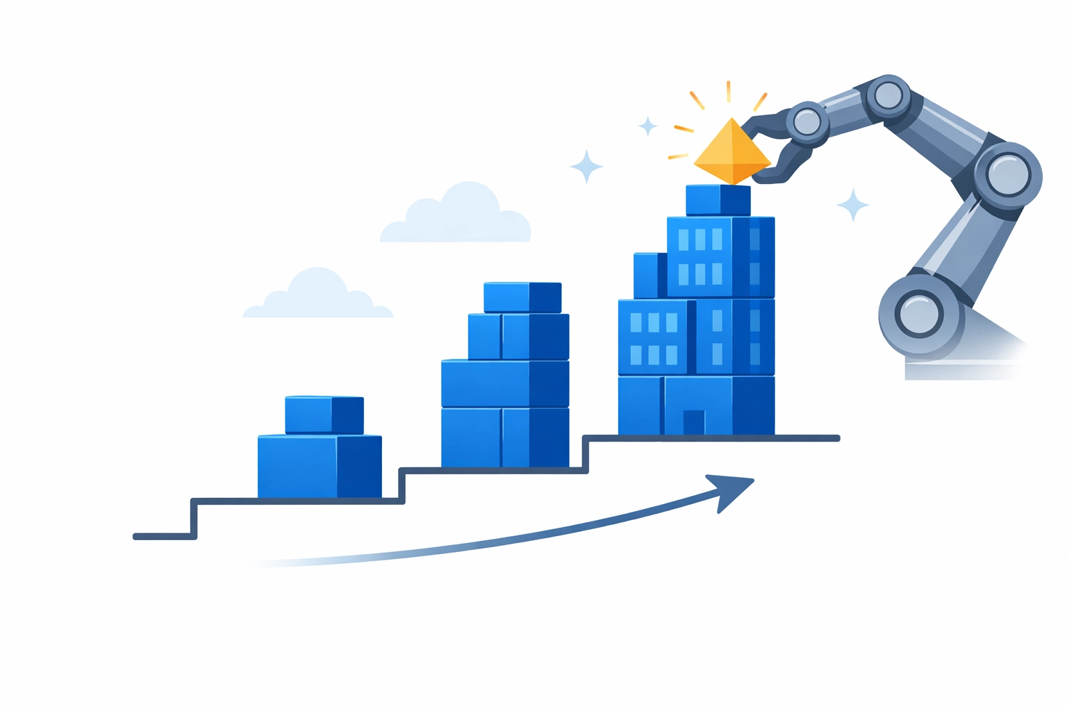 Rising blocks and a robotic arm illustrating how managed IT services scale alongside a growing small business.