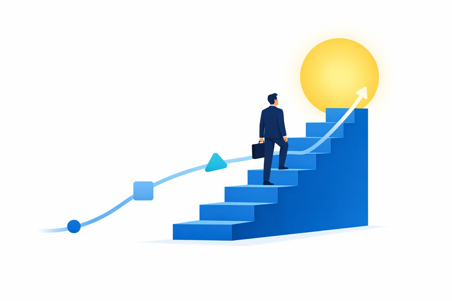 Professional climbing a rising staircase representing business growth through Southwest Technical Support.