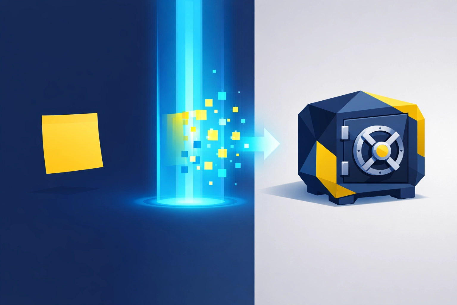 Illustration of a yellow sticky note morphing into a secure vault for robust cloud email security.