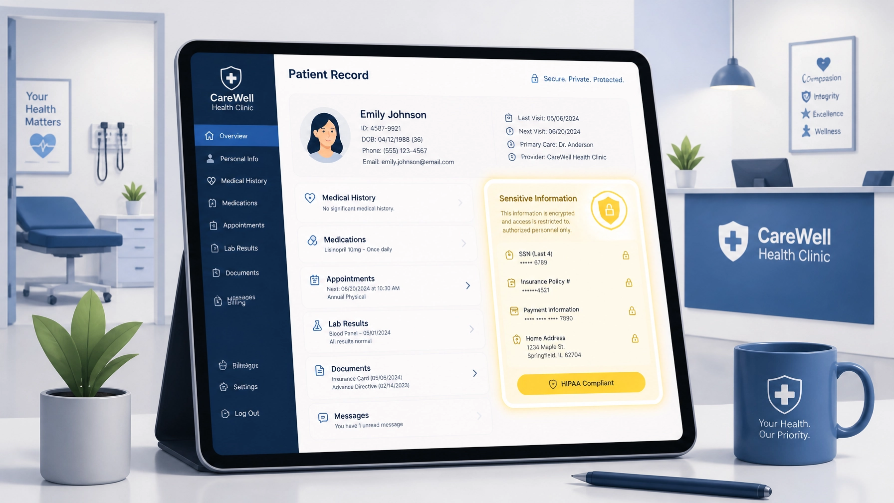 Secure digital patient record interface in a modern healthcare clinic showing HIPAA sensitive data protection.
