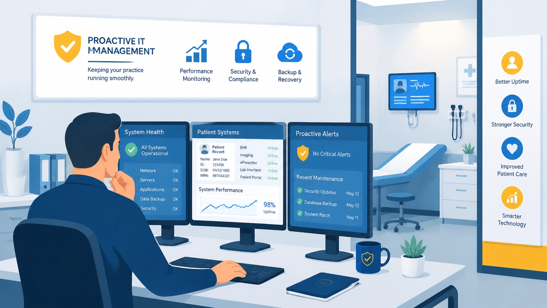 A technician analyzing digital dashboards representing 24/7 monitoring and proactive data-driven IT management