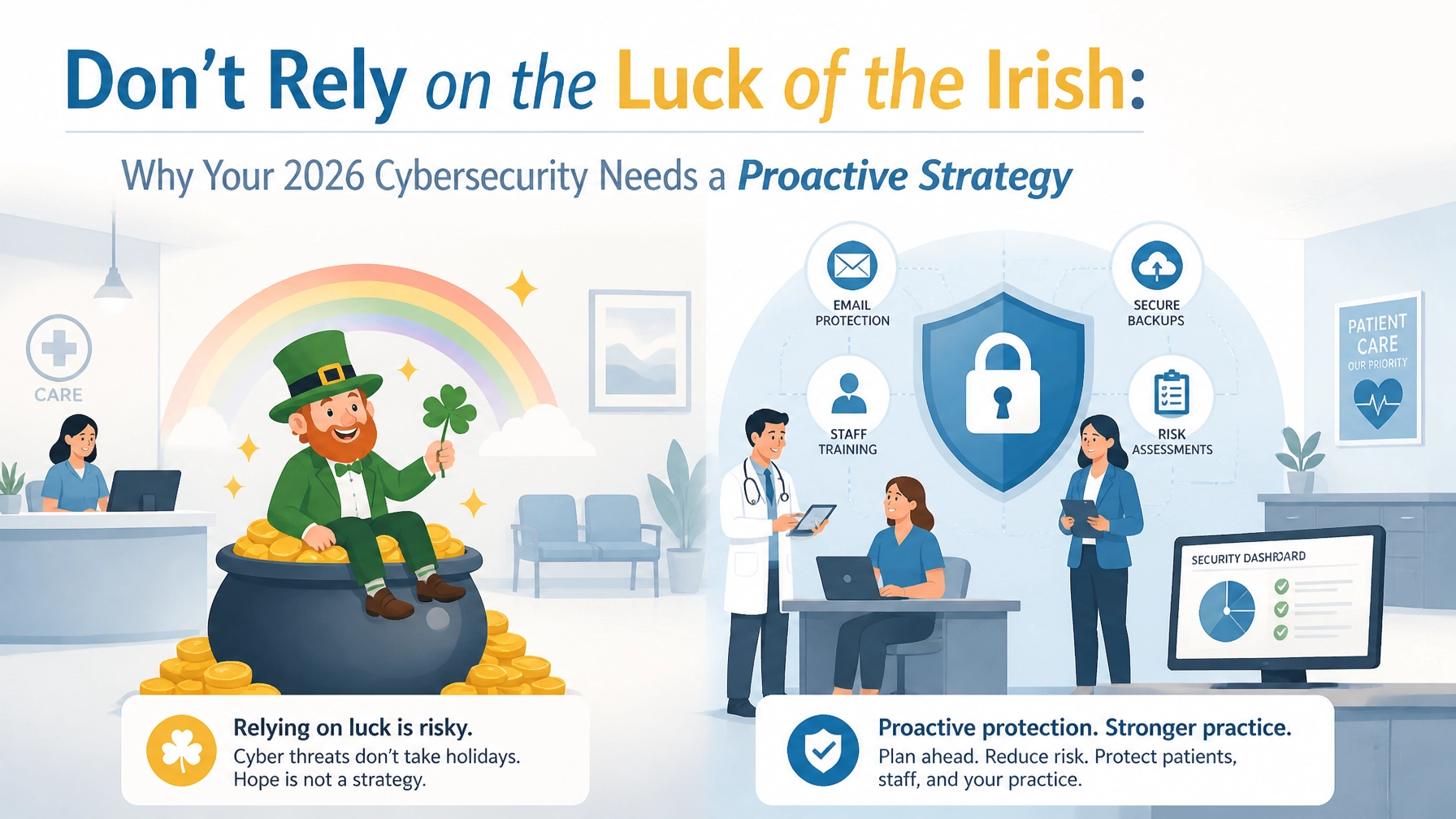 Illustration comparing luck with proactive cybersecurity, showing a leprechaun vs a professional business team