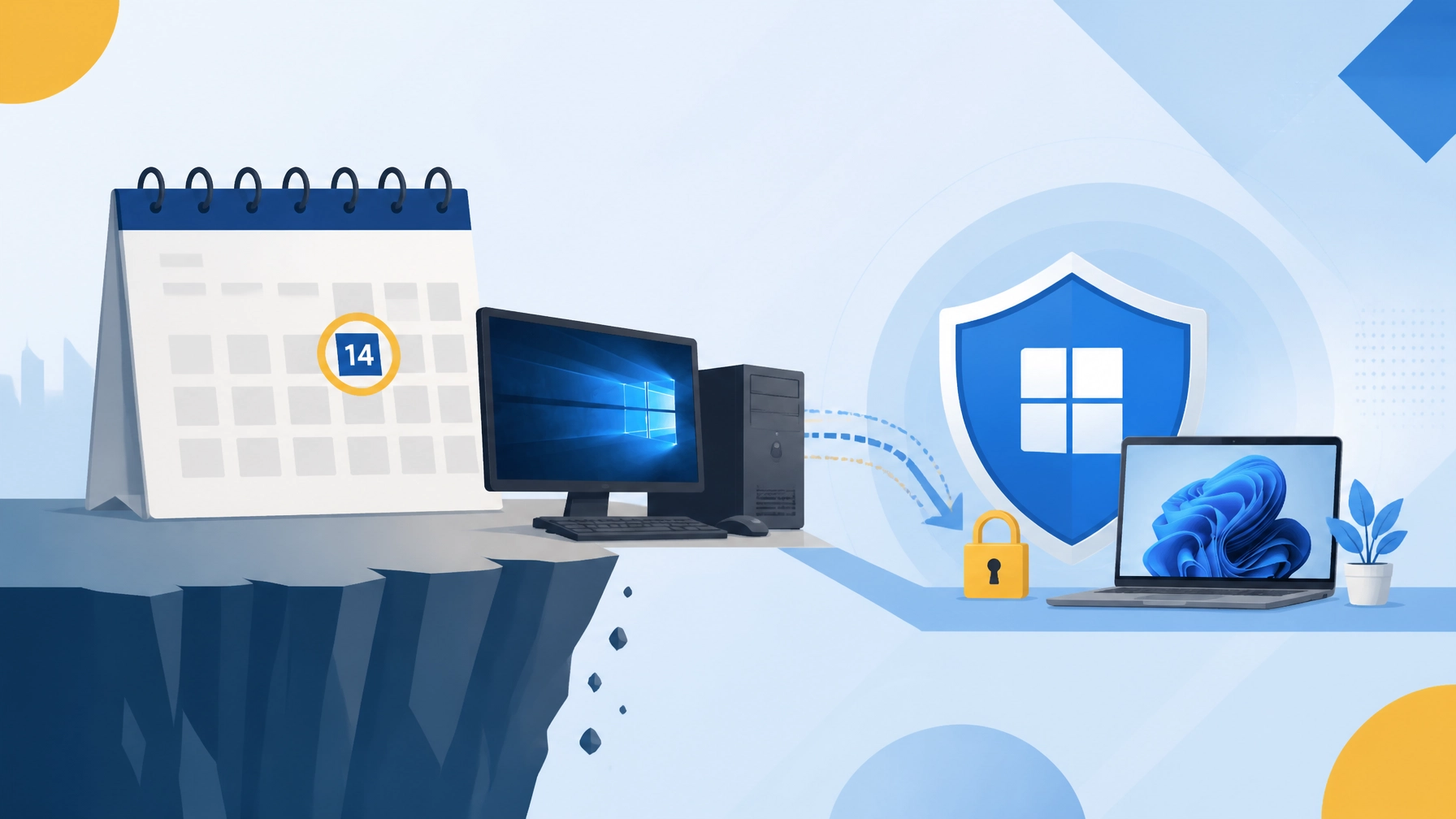 Windows 10 end of life illustration showing the October 14, 2025 deadline, a support cliff, and a secure Windows 11 upgrade path for business.