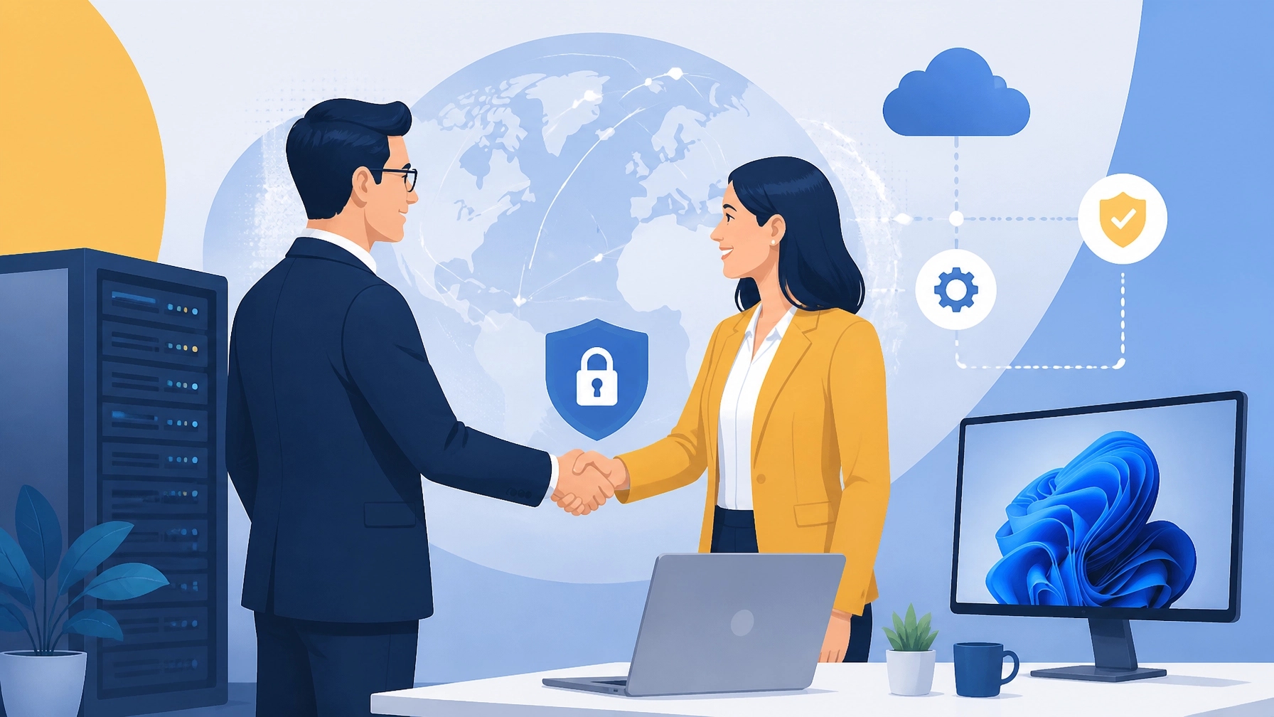 Business partnership illustration representing managed IT services and a secure Windows 11 upgrade for business.
