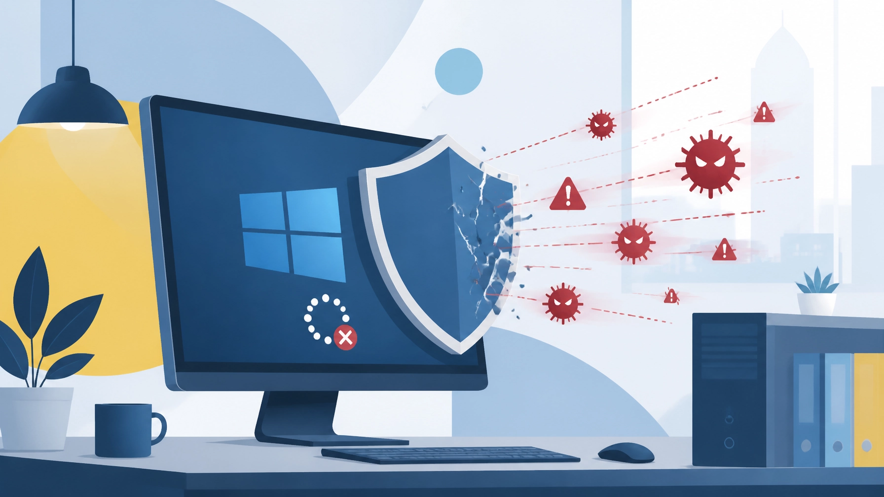 Cybersecurity illustration showing malware threats and missing updates after Windows 10 end of life for business systems.