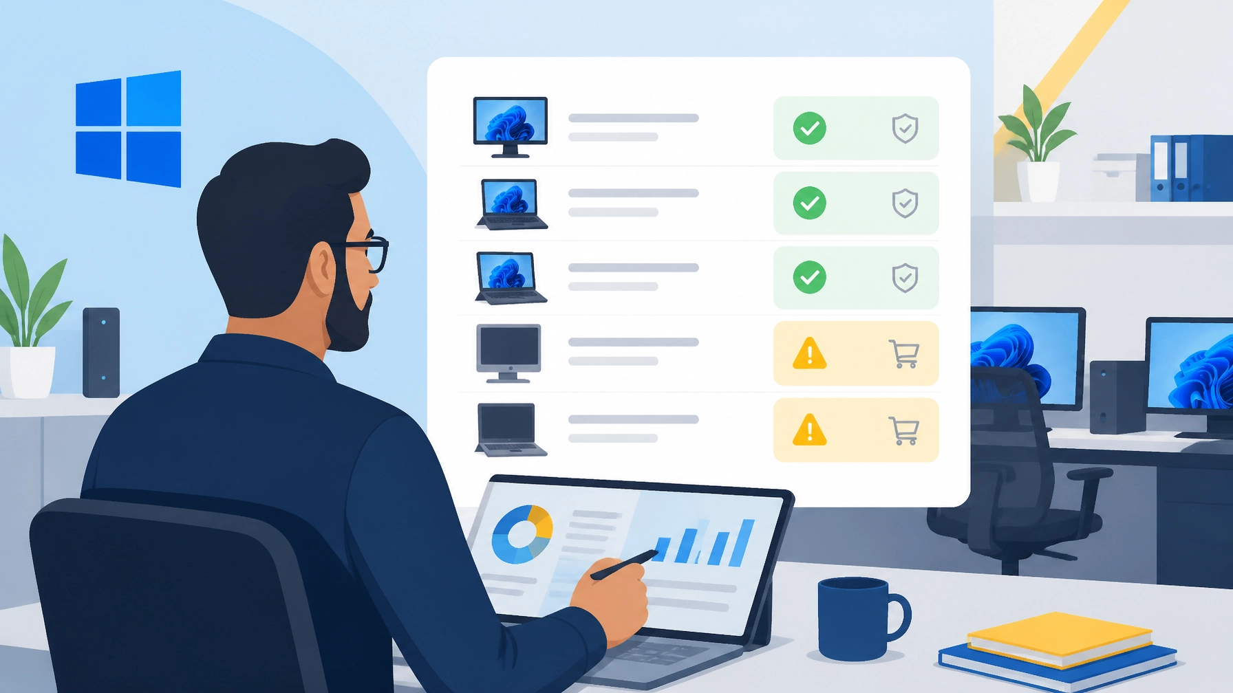 Windows 11 upgrade for business planning illustration showing device readiness checks and hardware replacement evaluation.