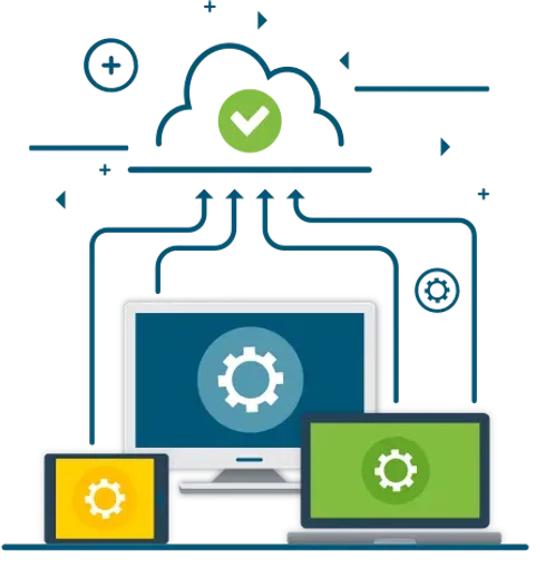 Managed IT services illustration showing connected business devices, secure cloud monitoring, and proactive maintenance.