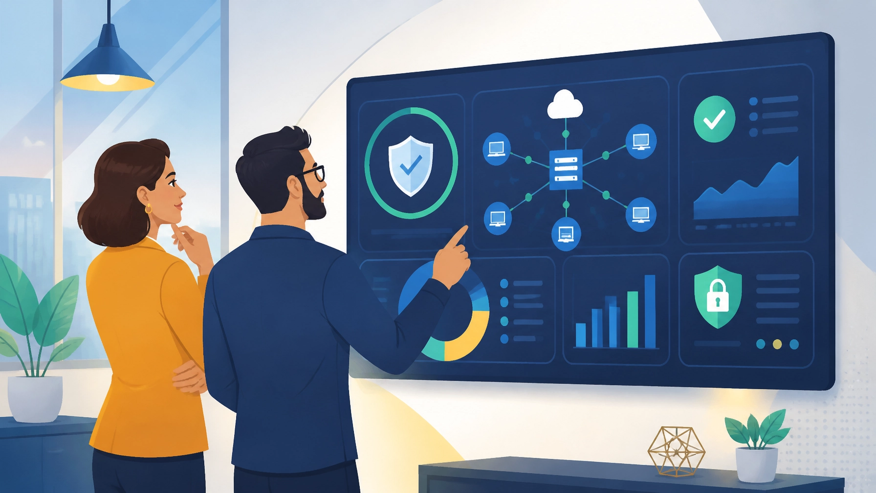 A strategic tech partnership illustrated with a business owner and IT specialist reviewing a secure network dashboard.