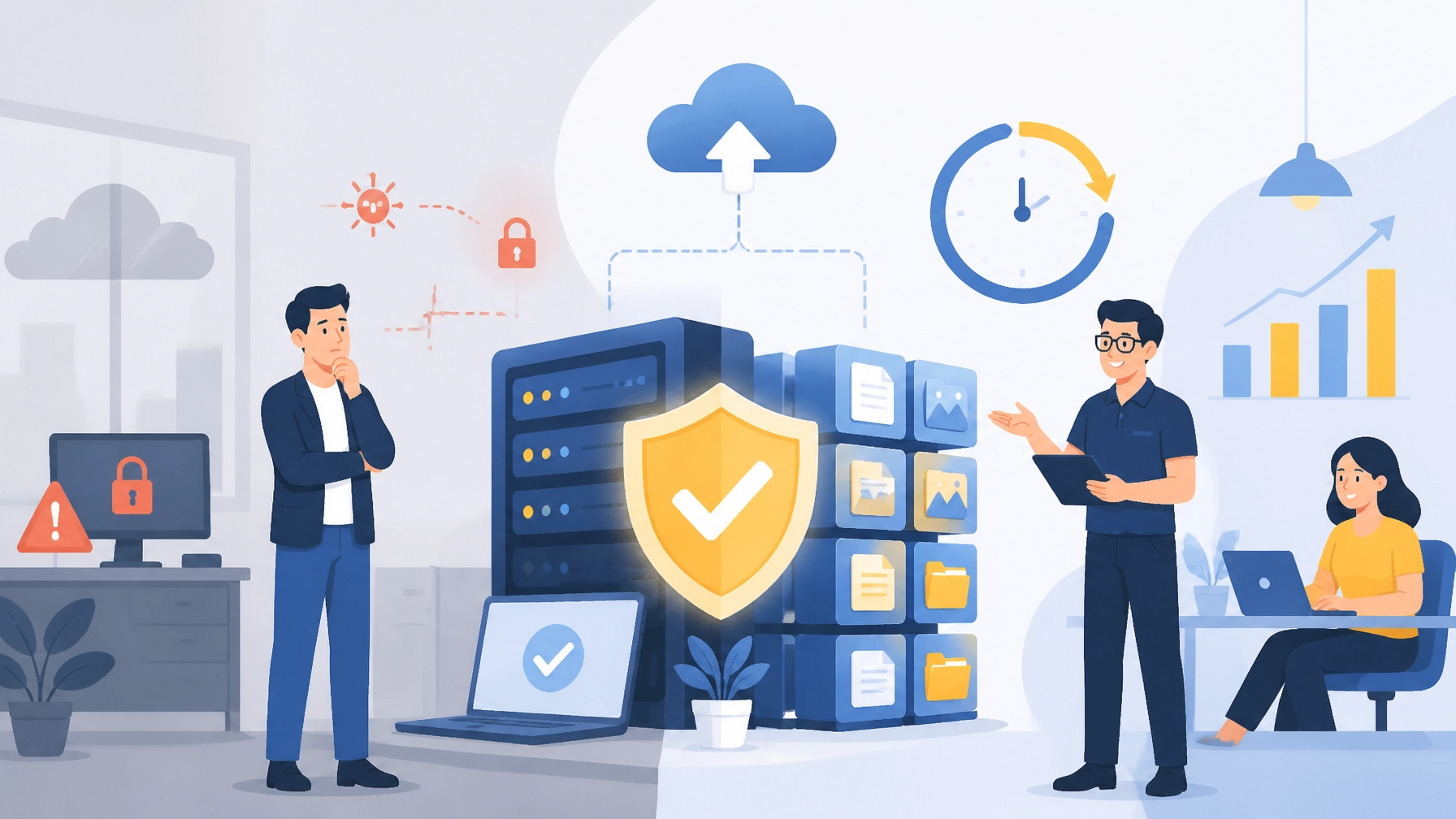Flat illustration of a small business recovering from ransomware with secure backups, a shield, and a 15-minute recovery timer