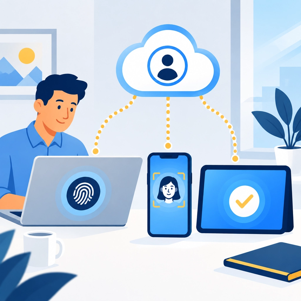 Flat illustration of Windows Hello-style fingerprint login, phone-based sign-in, and secure business devices