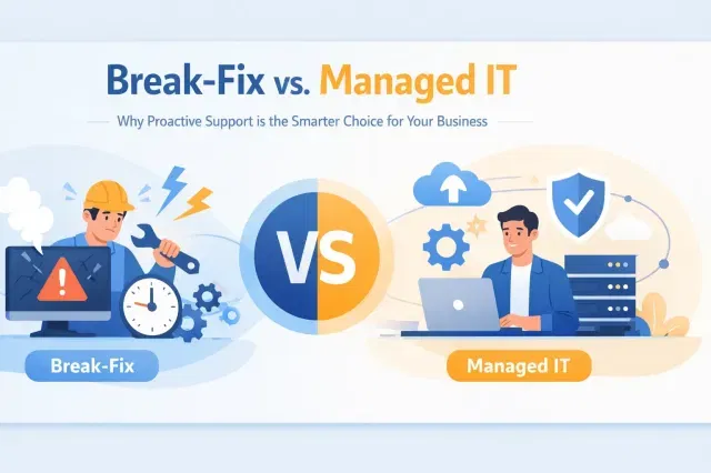 Illustration comparing break-fix IT support with proactive managed IT services