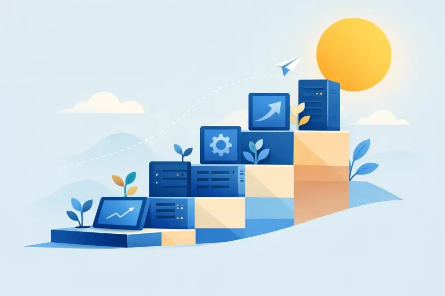 Scalable technology infrastructure represented as an upward path toward business growth