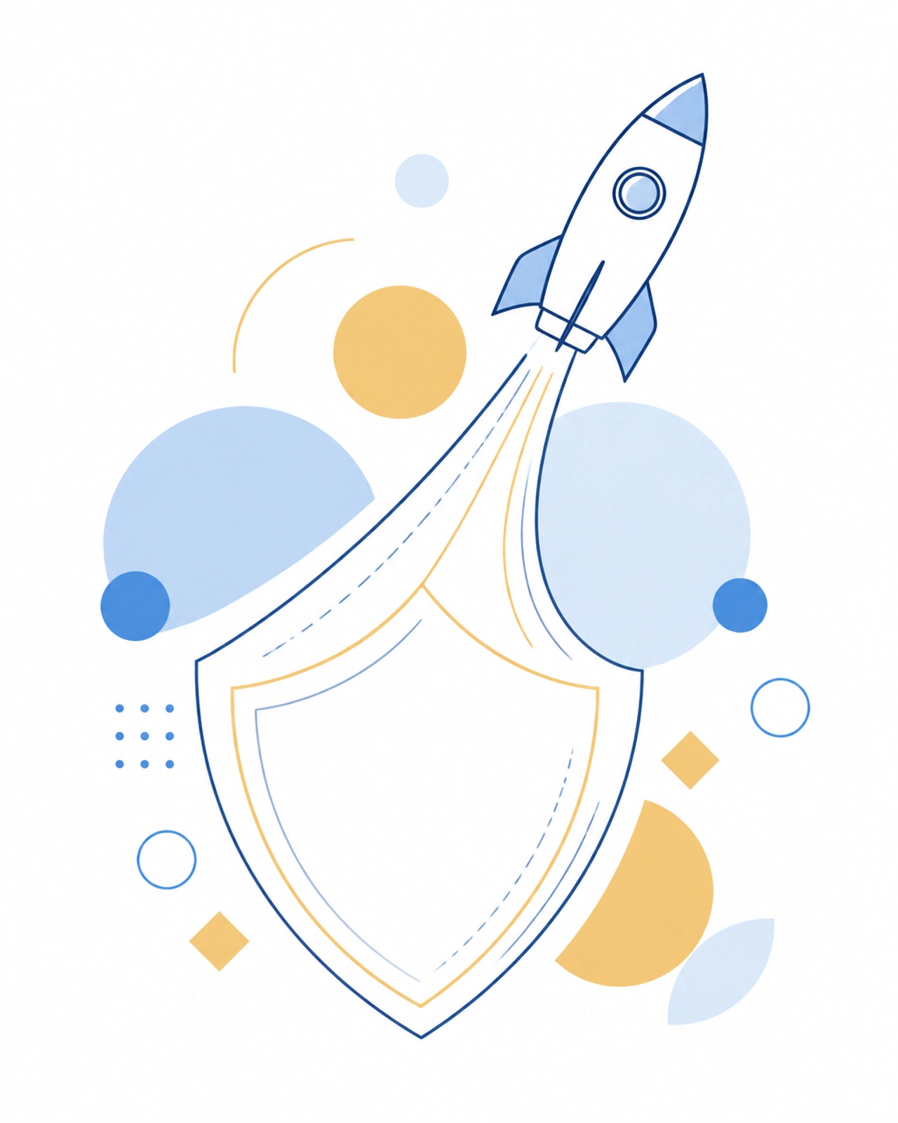A line-art rocket launching upward, symbolizing business growth and tech acceleration through secure IT management.