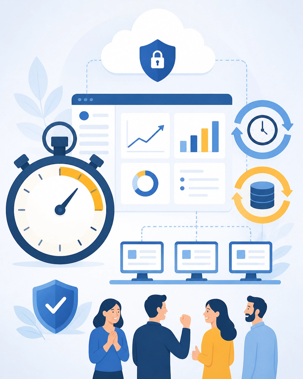 Flat illustration of a stopwatch, restored business dashboard, secure cloud, and connected workstations