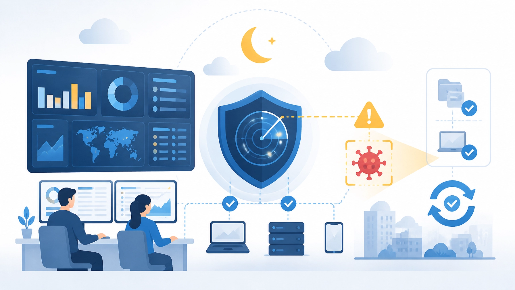 Flat illustration of a monitored security operations dashboard with a central shield, radar pulse, connected business devices, and a contained alert