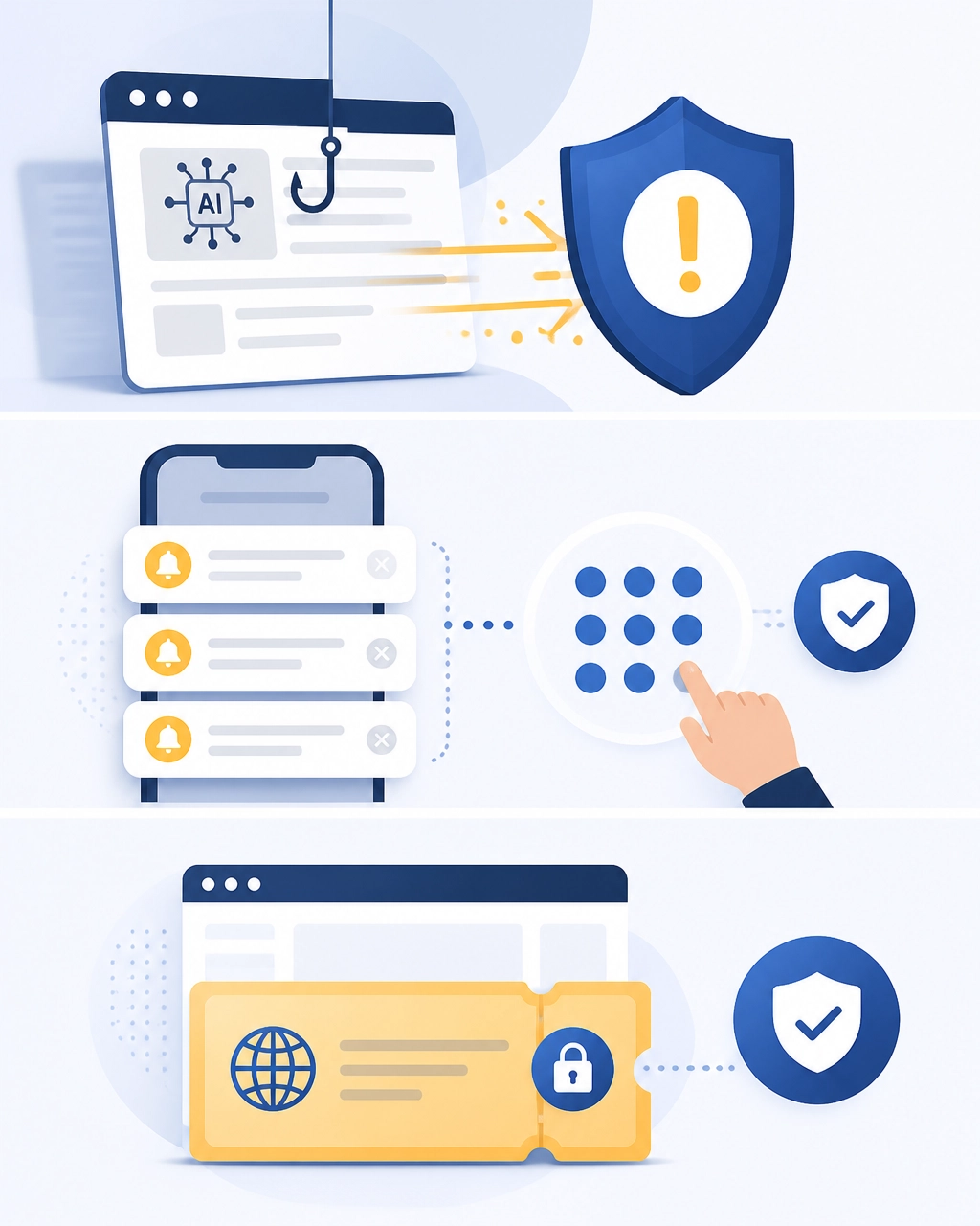 Flat illustration of an alert shield blocking an AI-generated phishing message, repeated MFA prompts, and a suspicious browser session