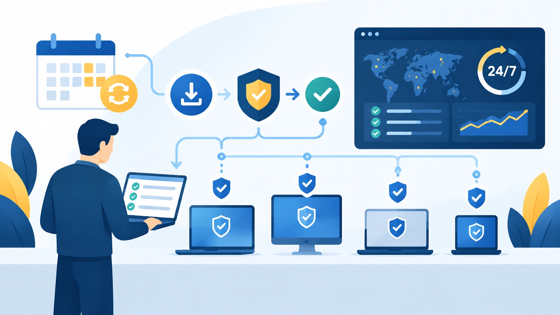 IT technician managing business endpoints with proactive patch management and monitoring
