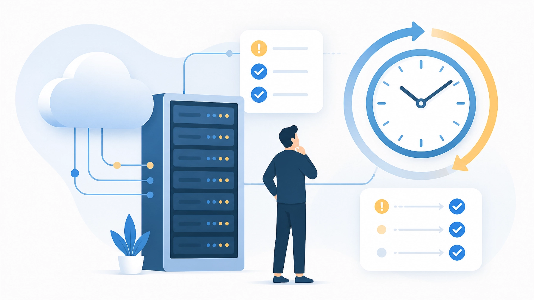 Flat illustration of servers, cloud systems, and a 24/7 monitoring clock with issues being resolved early