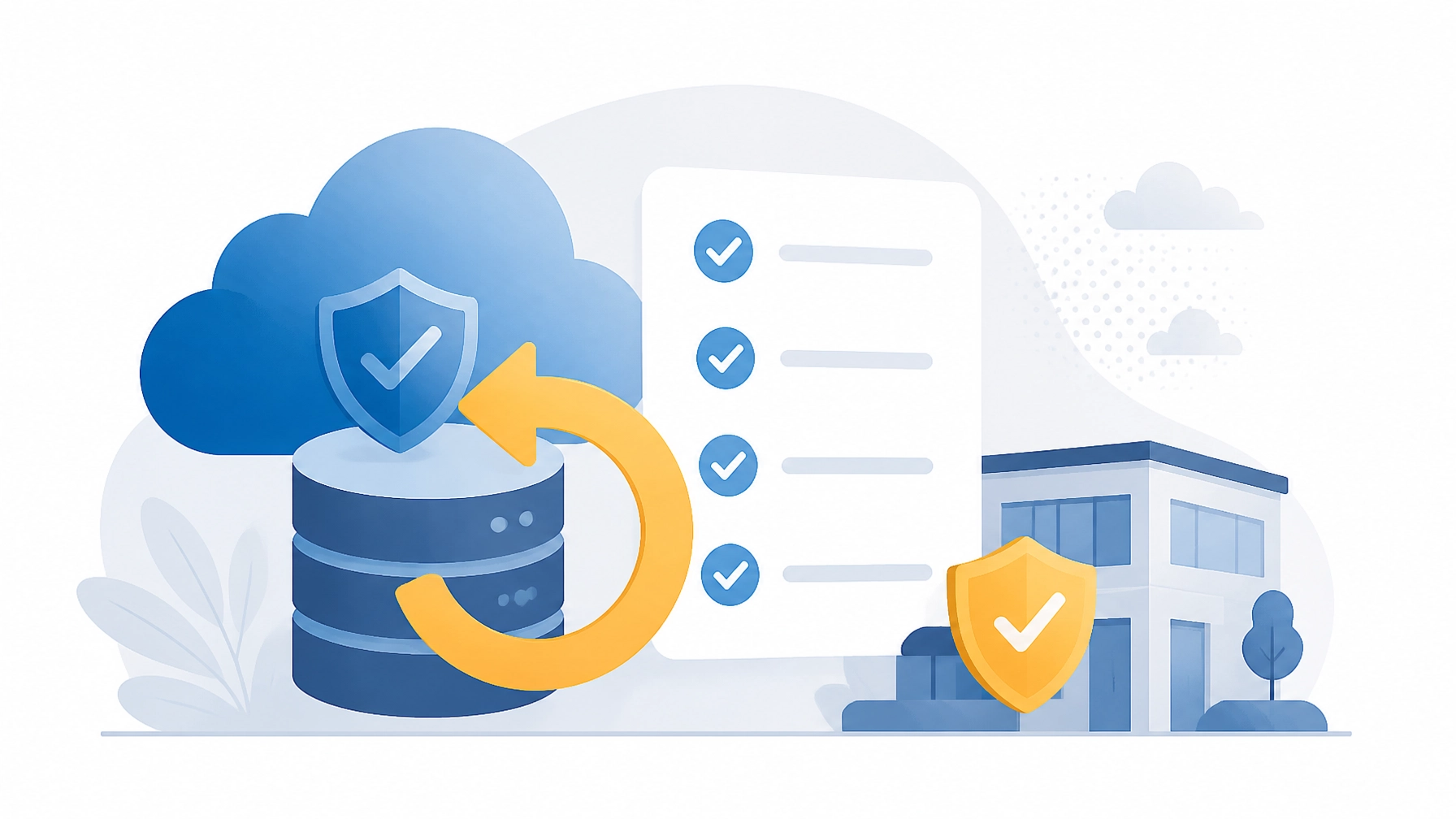 Flat illustration of a secure cloud backup, database, restore arrow, and verification checklist