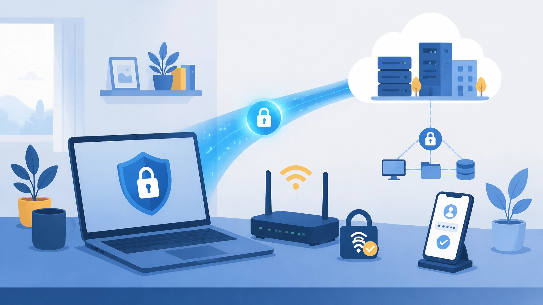 Laptop connected through a secure VPN tunnel from a home office