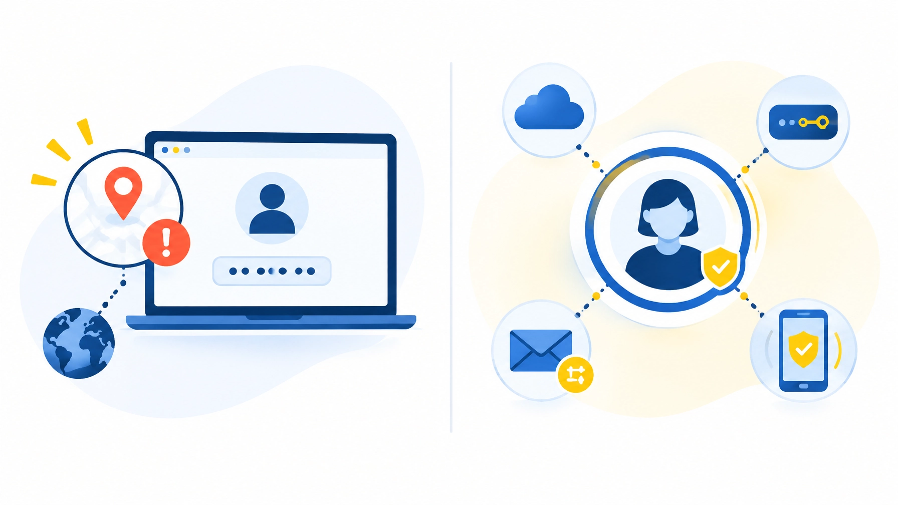 Flat illustration comparing traditional login alerts with identity behavior detection