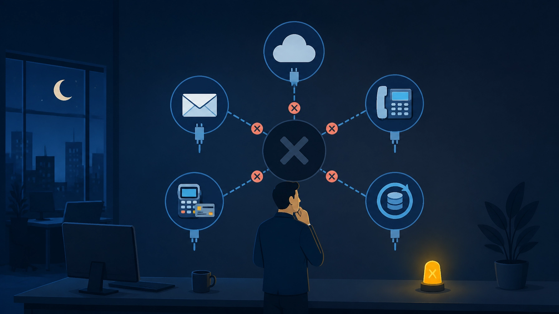 Flat illustration showing the hidden consequences of an overnight network outage, including disconnected email, phones, cloud systems, payments, and backups