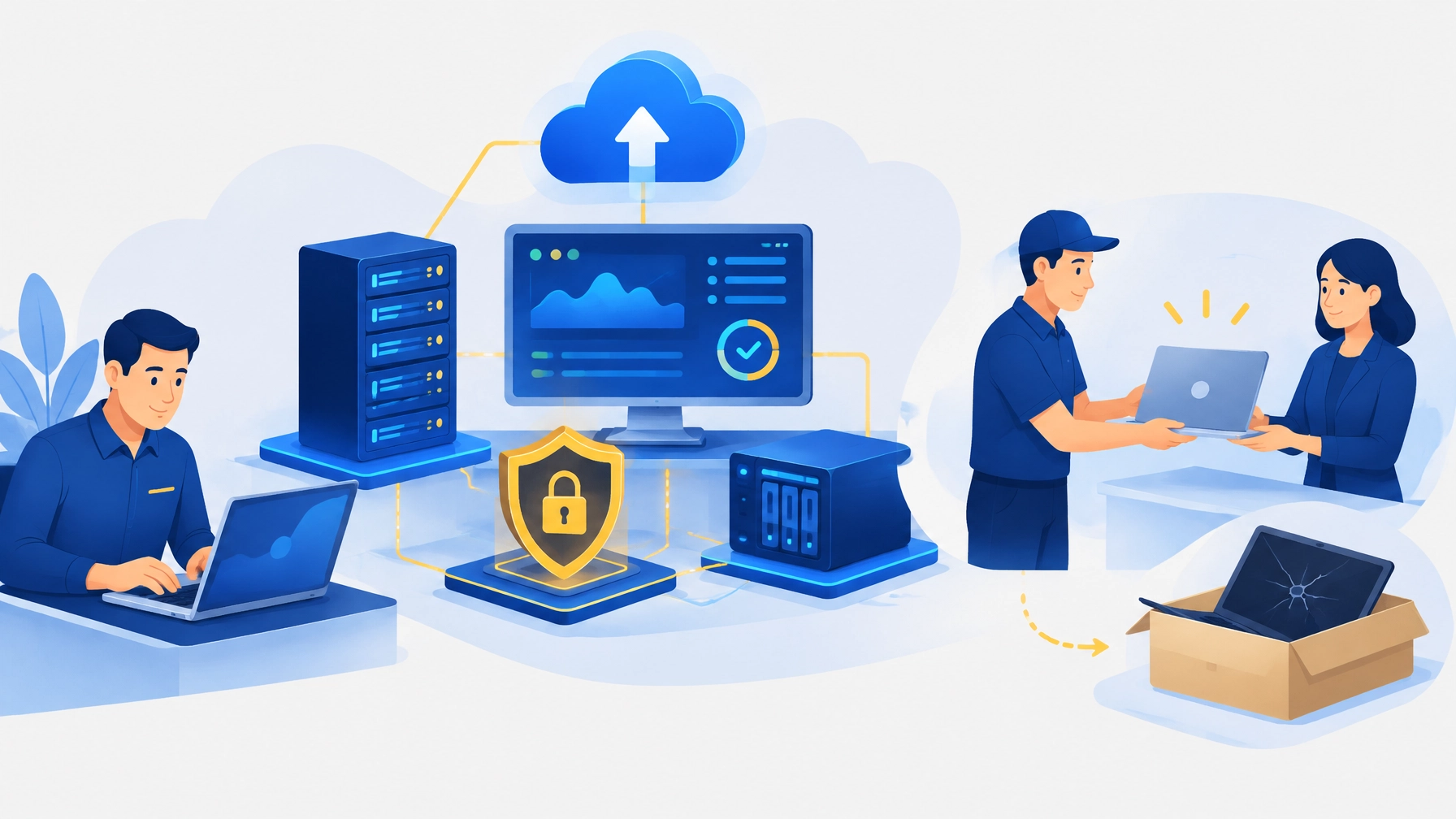 A prepared computer, backup appliance, and support team helping a business maintain continuity