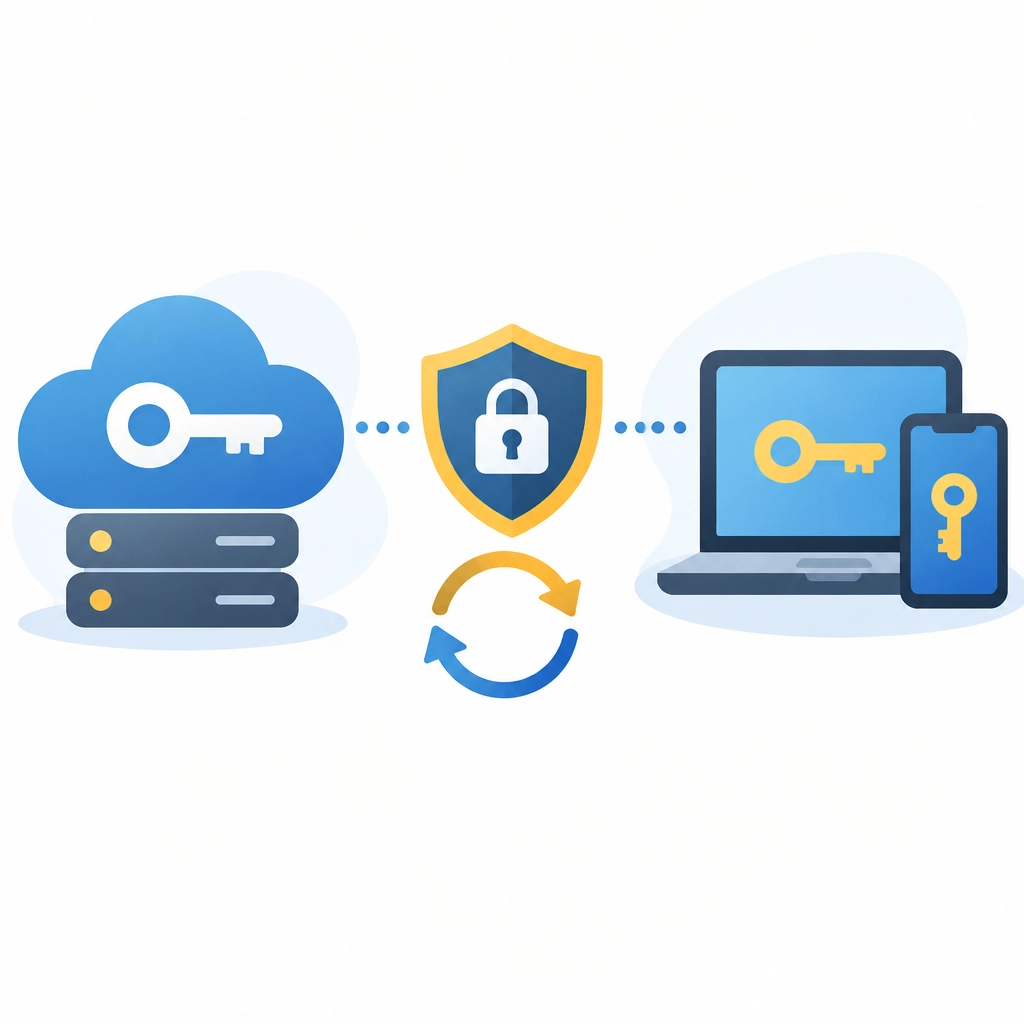 Illustration showing a public key on a server and a private key protected on a device