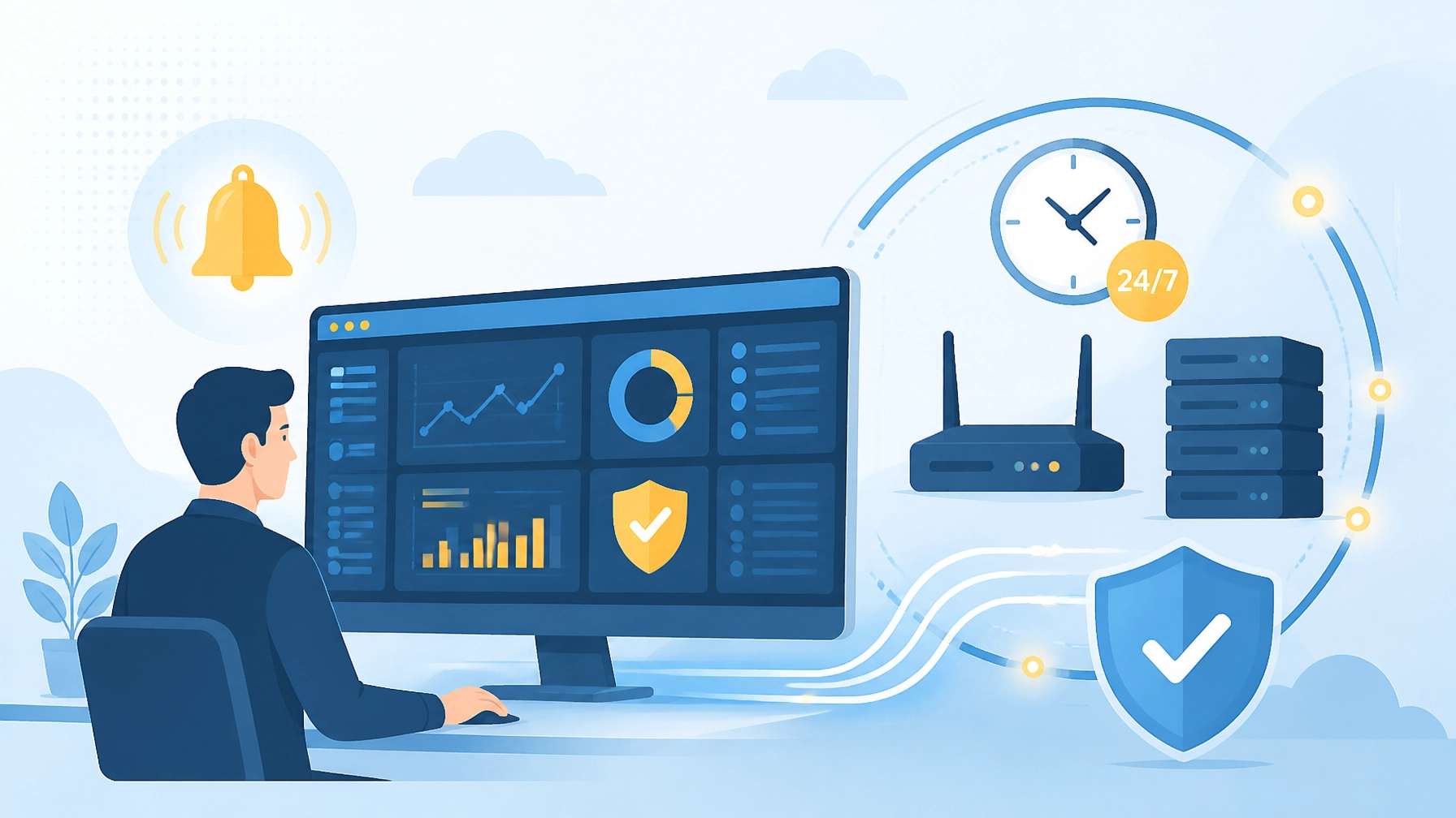 Flat illustration of 24/7 network monitoring with a secure operations dashboard, router, server, shield, alert bell, and blue signal lines