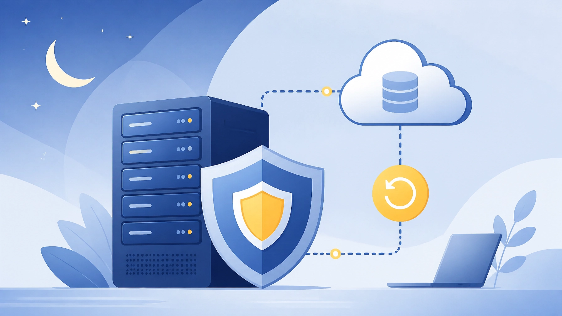 Flat illustration of a secure server with layered shield, backup cloud, recovery arrow, and secondary connection path for business resilience