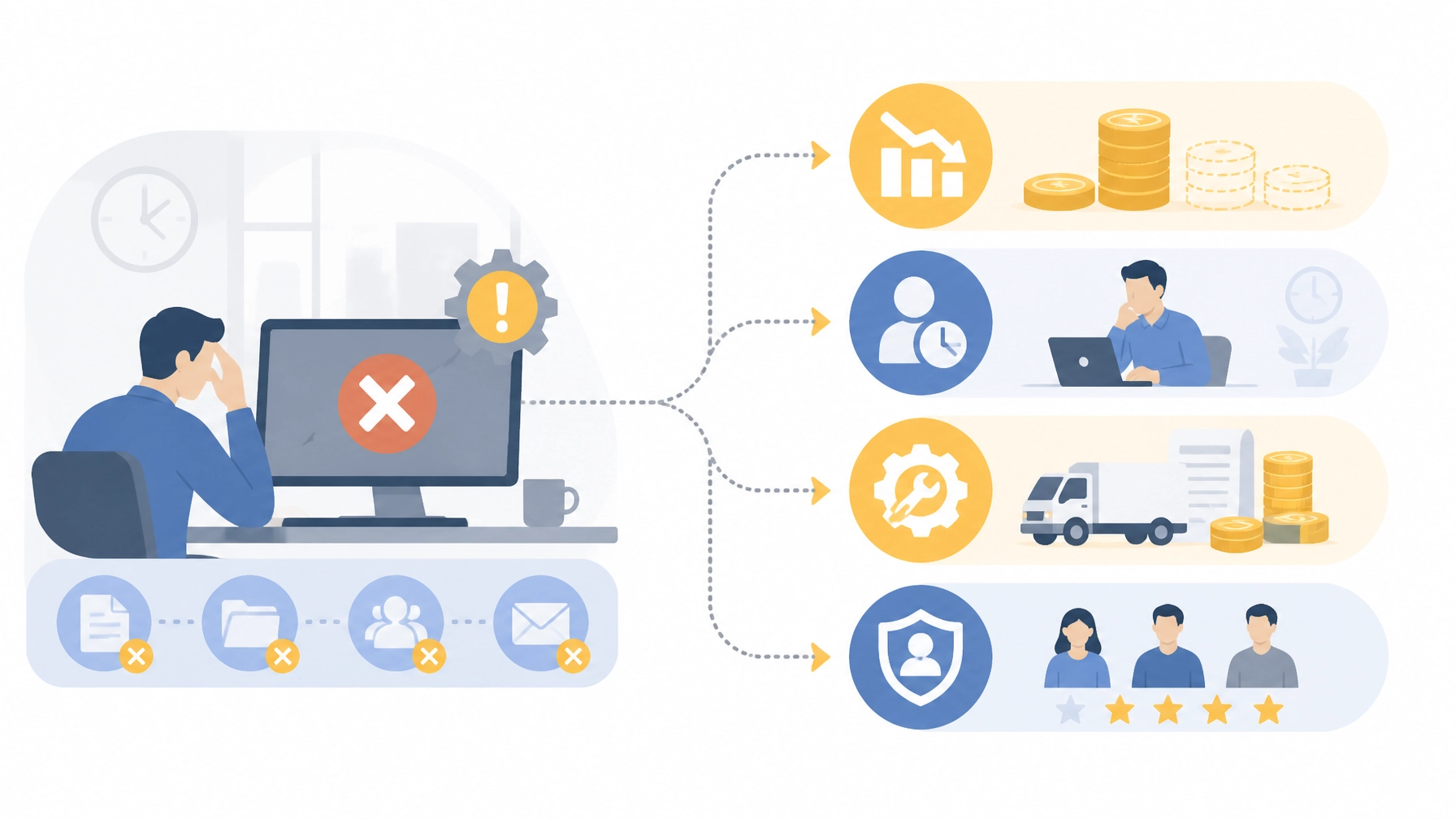 Flat illustration showing business downtime costs flowing into lost revenue, idle productivity, emergency recovery expenses, and customer trust