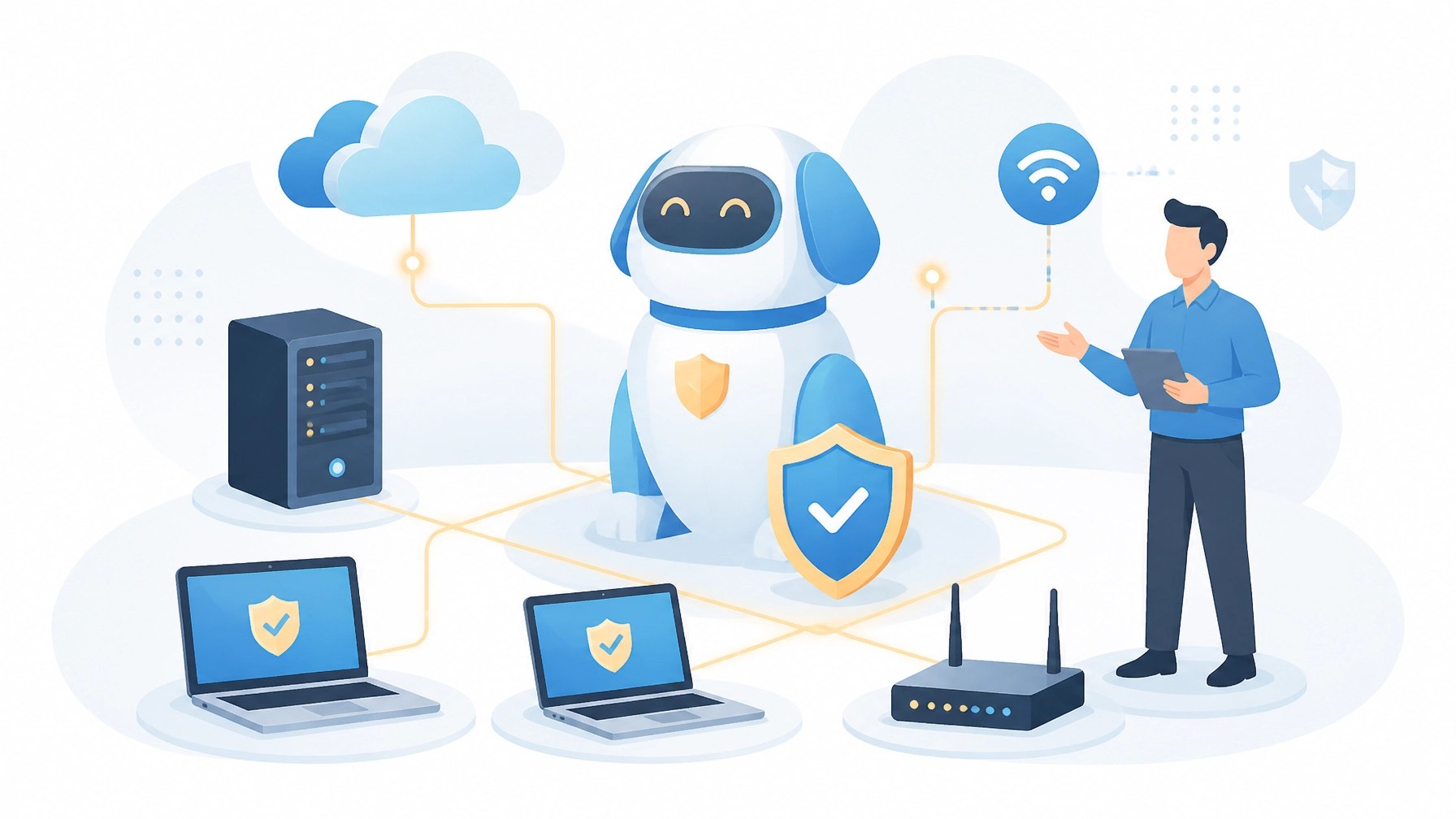 Friendly AI watchdog monitoring a small business network alongside a human IT professional