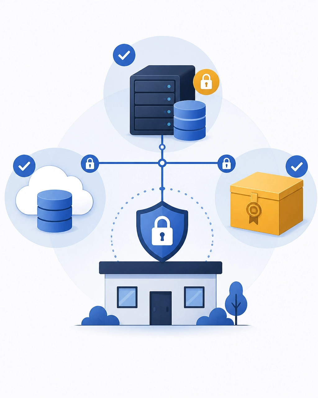 Flat illustration of a resilient backup architecture with local, cloud, and offsite immutable copies