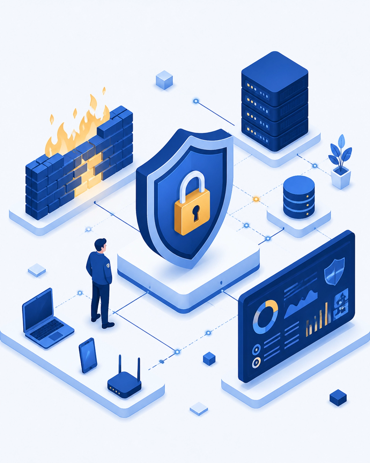 Cybersecurity protection illustration with shield and network