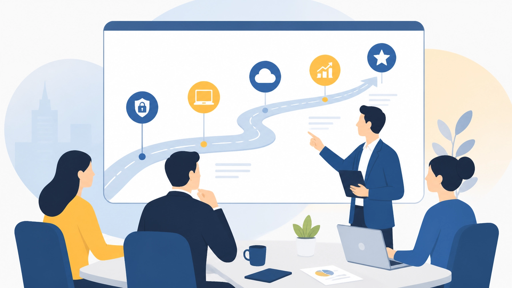 Flat illustration of a business team and IT advisor reviewing a strategic technology roadmap with growth milestones