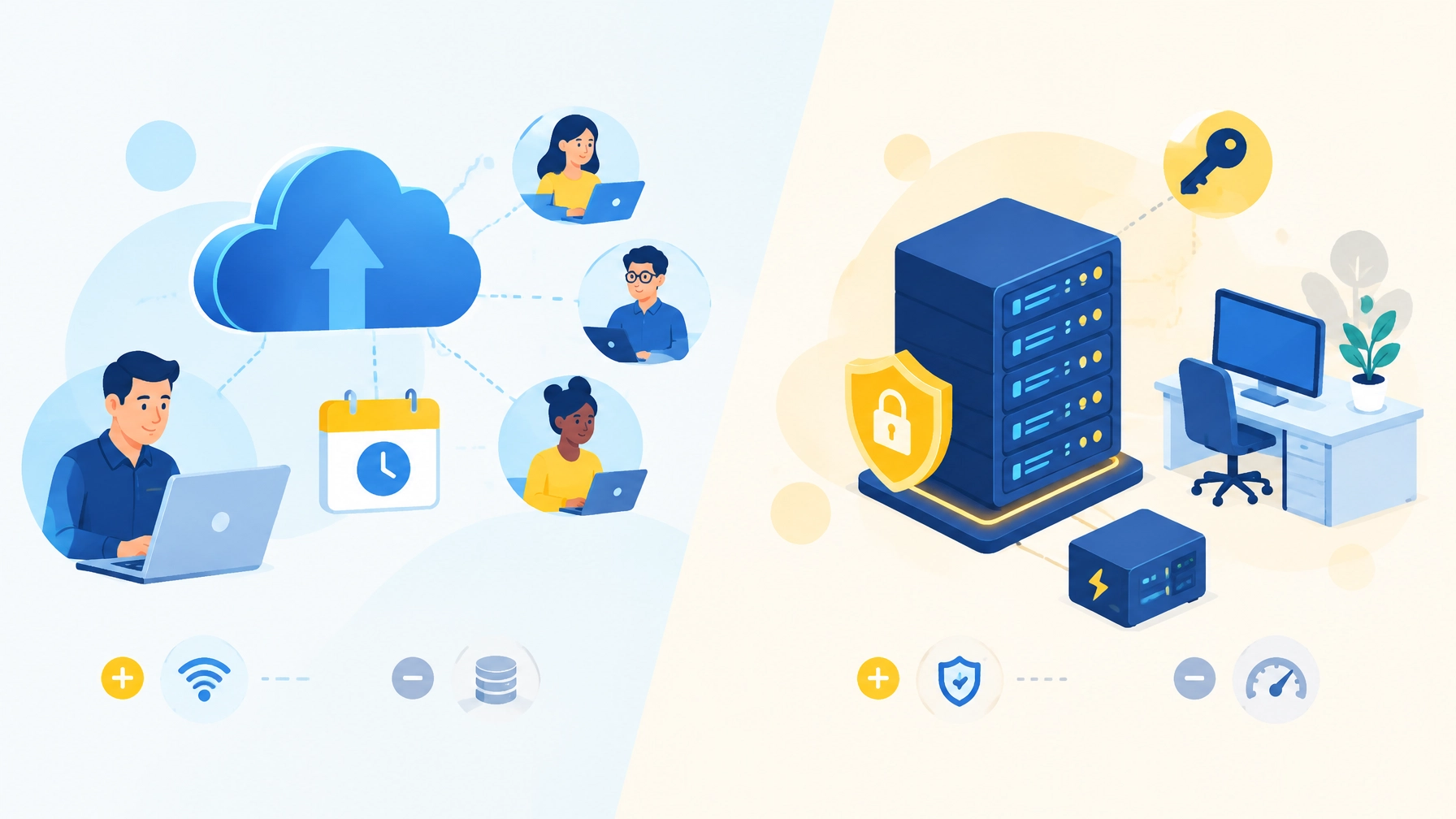 Illustration comparing cloud services with a local small-business server setup
