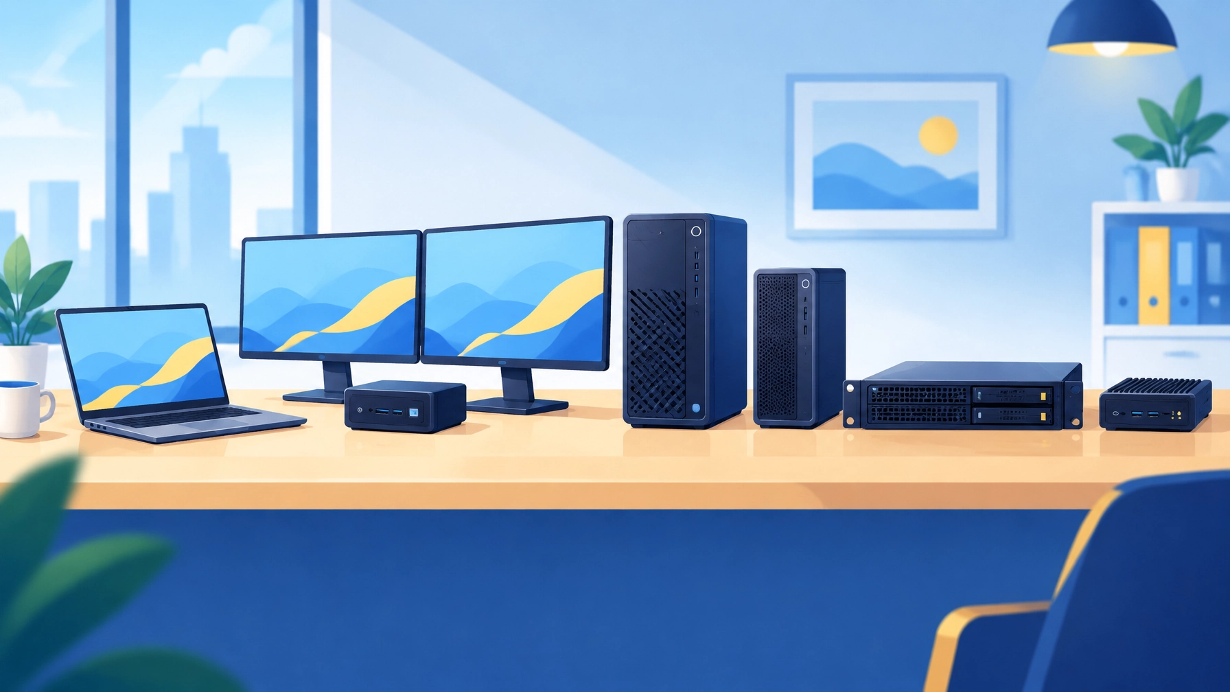 Business laptops, mini-PCs, workstations, tower servers, rack servers, and compact edge systems