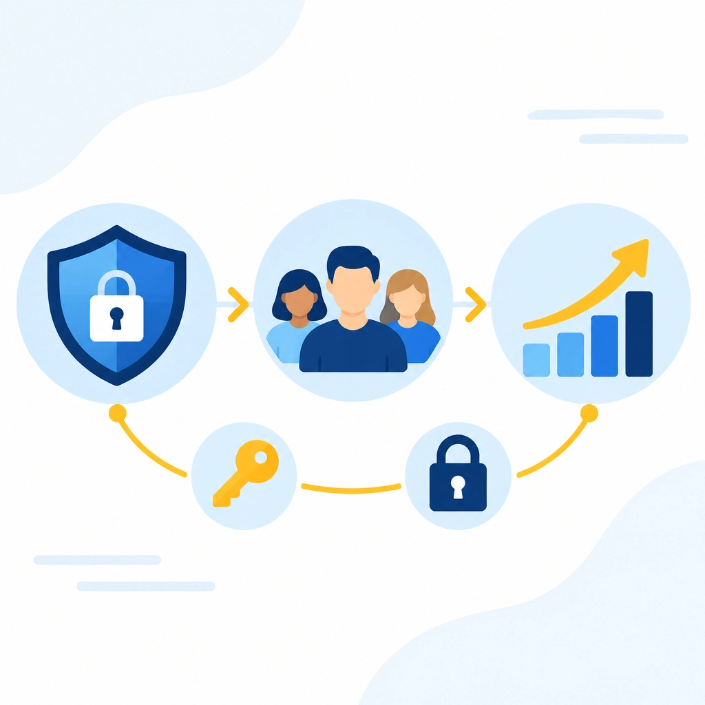 Flat illustration of a phased passkey rollout with employees, shields, recovery keys, and a growth arrow