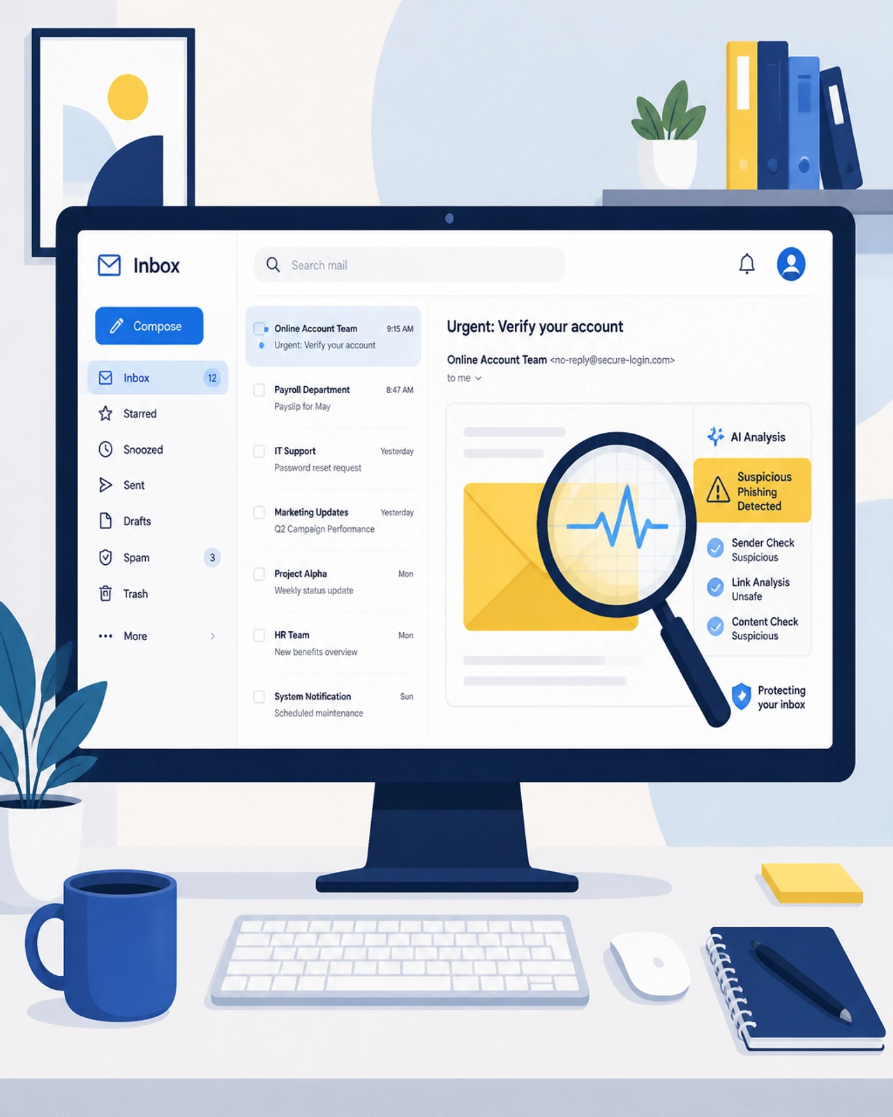 A flat illustration of an email inbox being analyzed by a digital magnifying glass to detect AI-enhanced phishing.