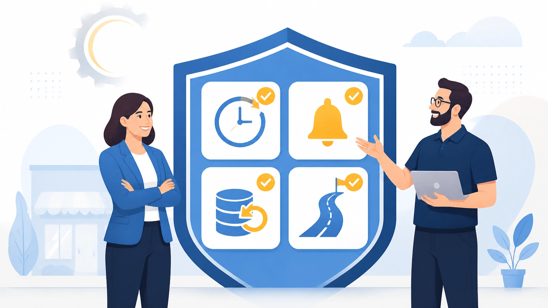 Flat illustration of a small-business owner and IT professional reviewing four proactive technology checkpoints