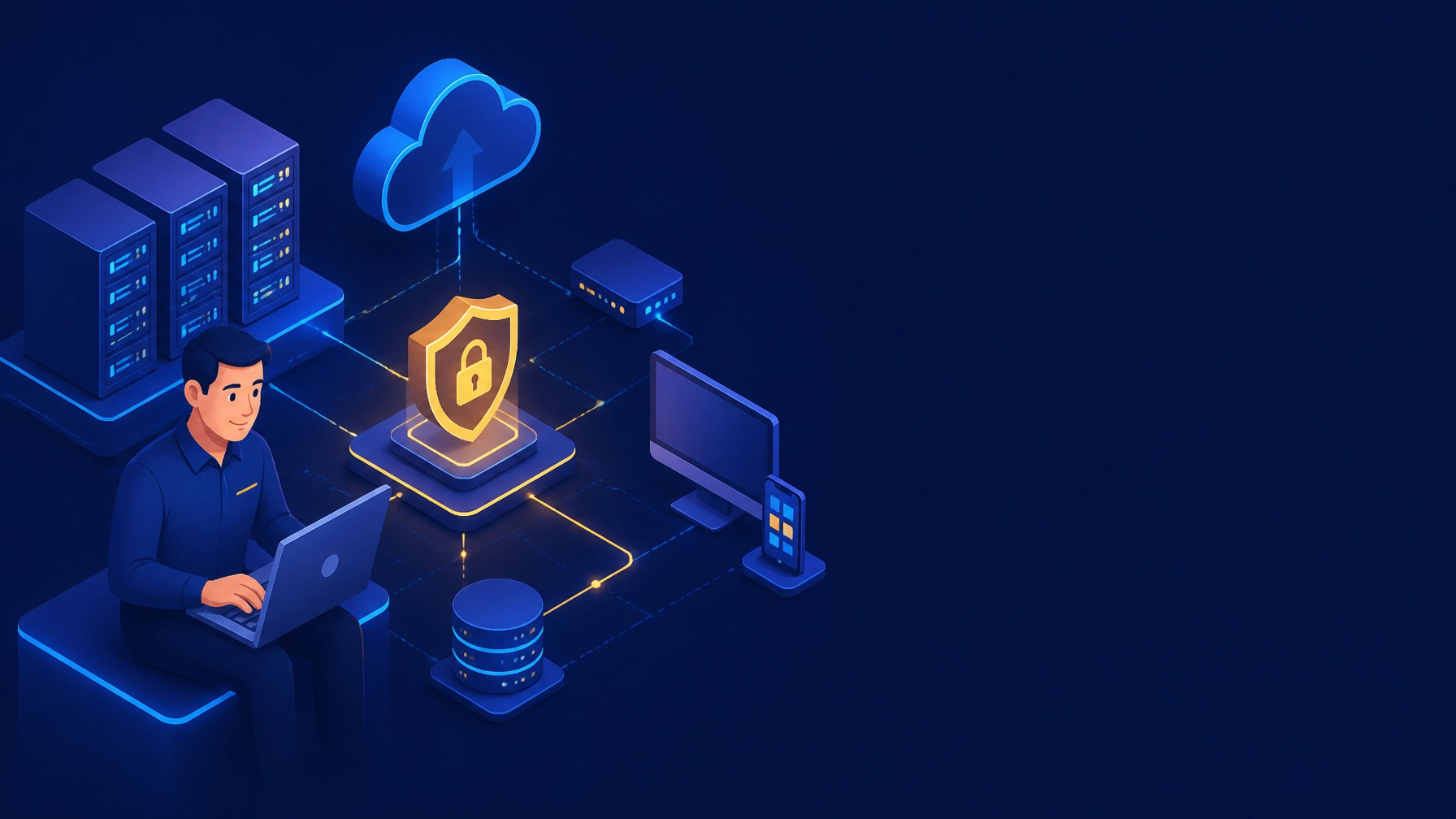 Illustration of a technician managing a secure IT network