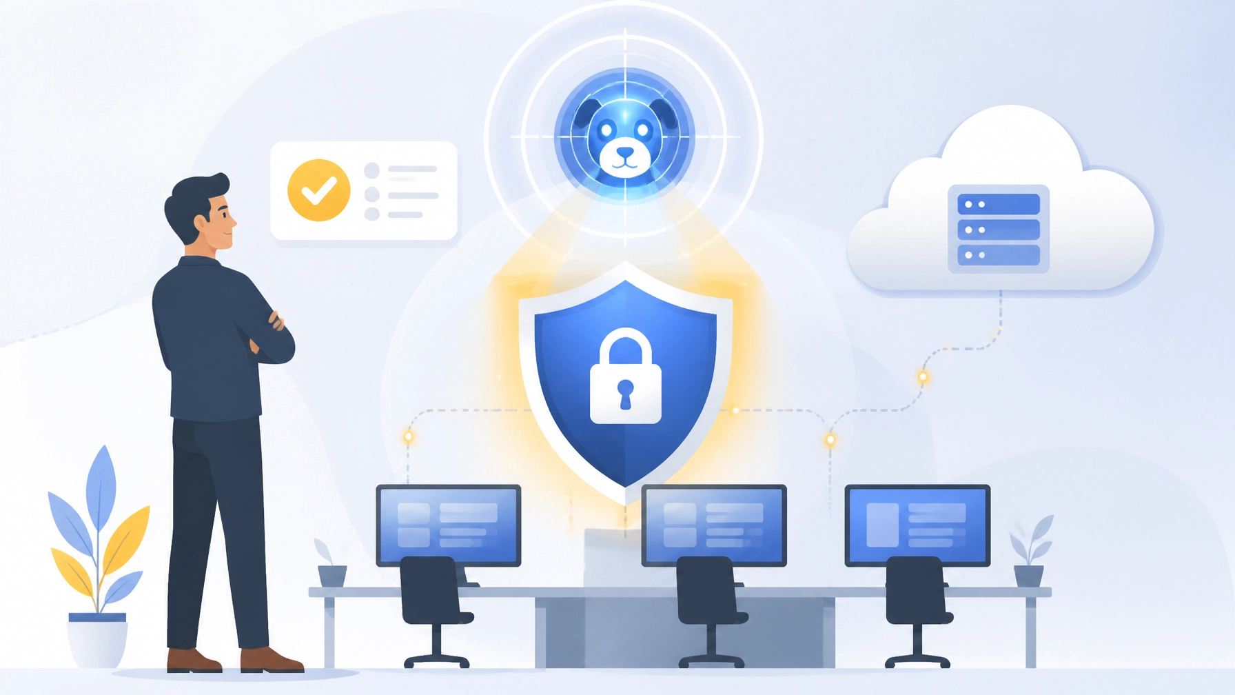 Human IT professional partnering with an AI security shield to protect small business systems