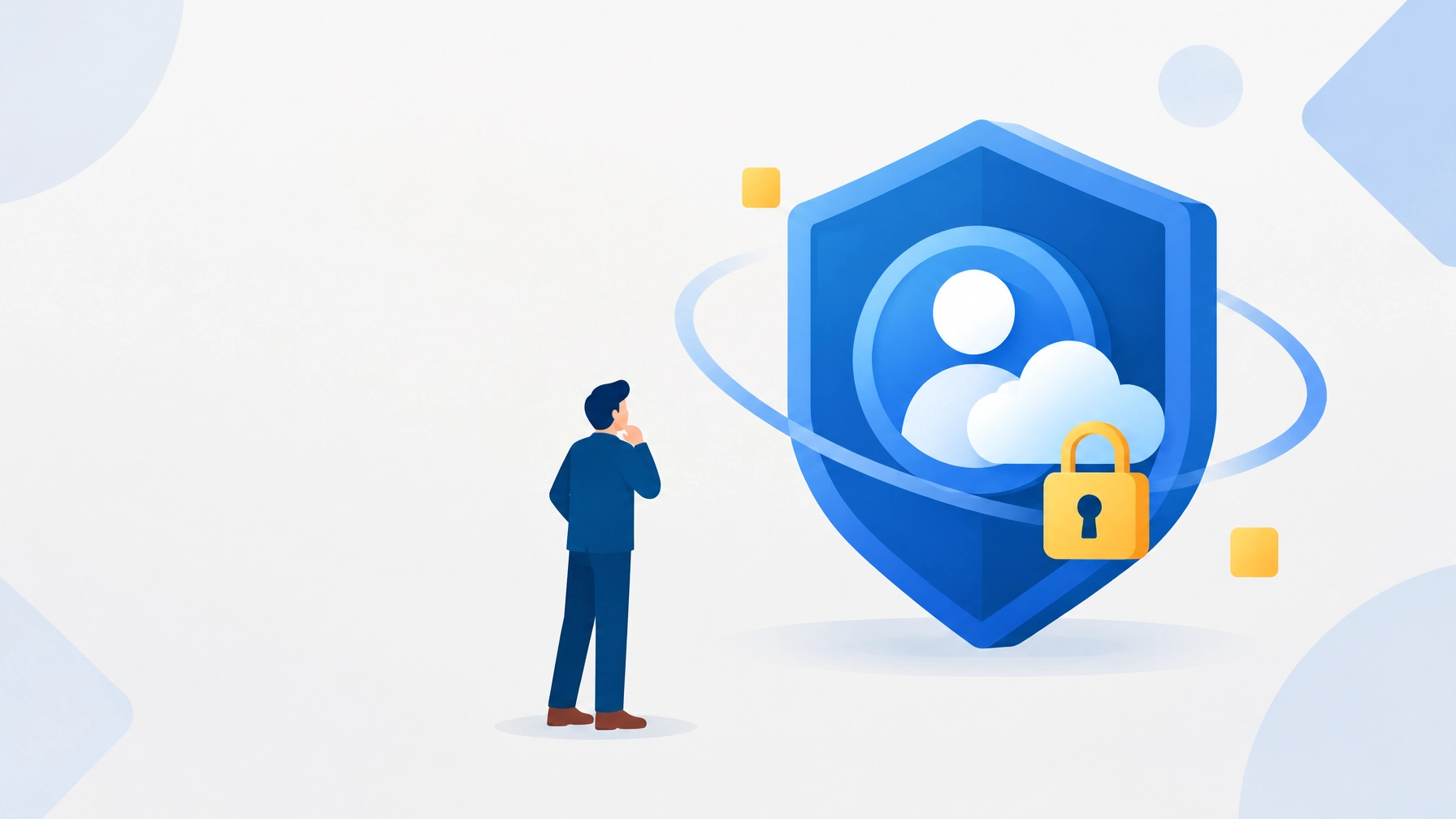 Flat illustration of a secure Microsoft 365 identity protected by a blue shield and cloud
