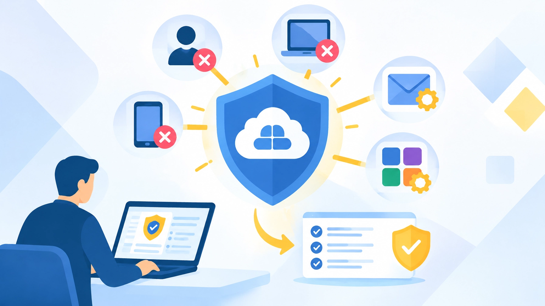 Flat illustration showing Microsoft 365 compromise remediation across sessions, devices, inbox rules, and applications