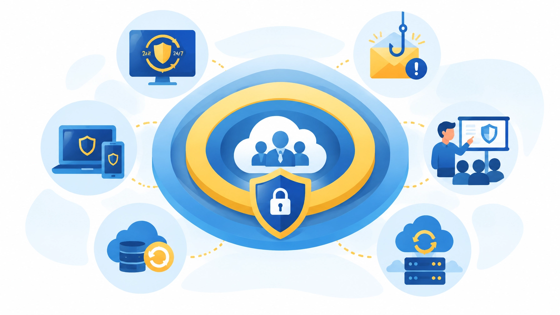 Flat illustration of layered cybersecurity defenses protecting a small business cloud identity