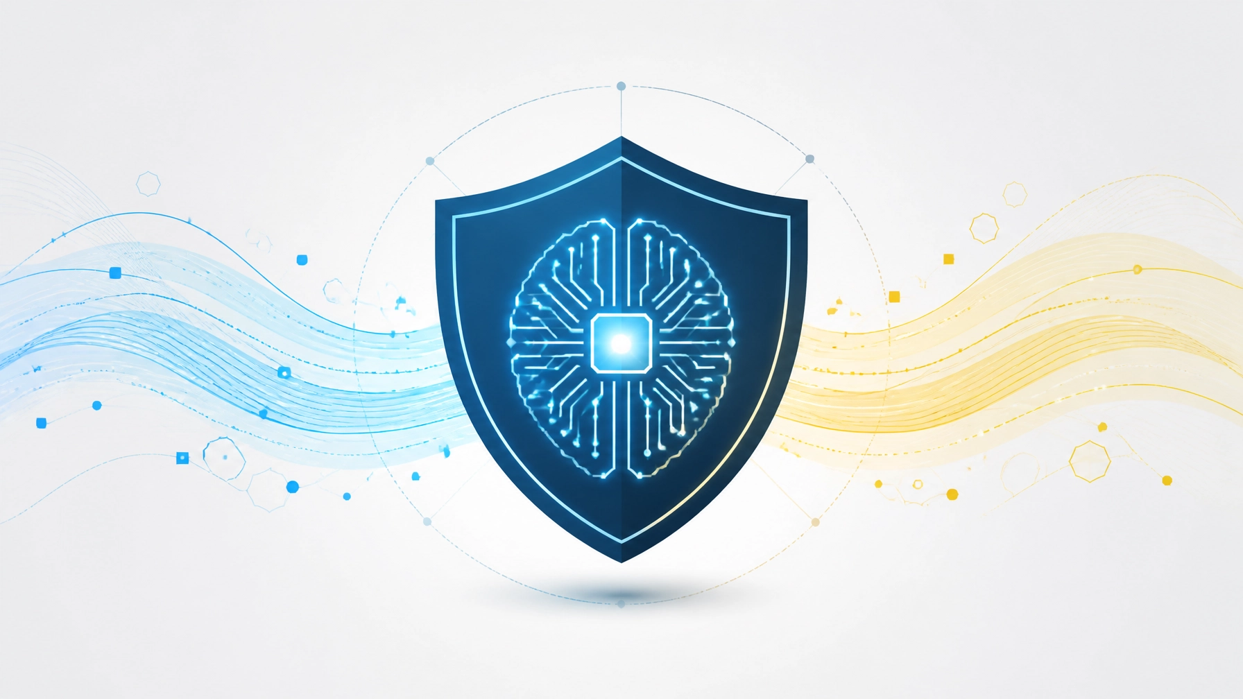 A flat illustration of AI-powered cybersecurity, featuring a protective shield and digital data streams.
