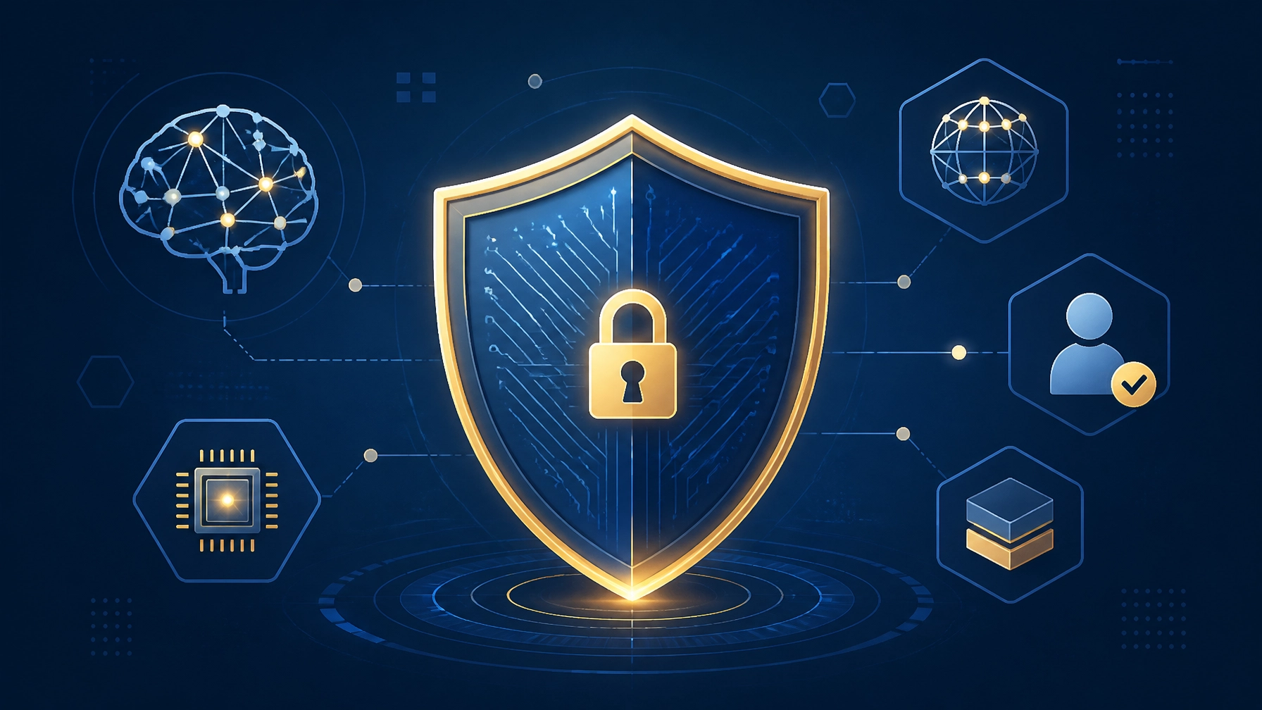 A modern flat illustration of a digital shield with AI circuitry, representing proactive cybersecurity in blue and gold tones.