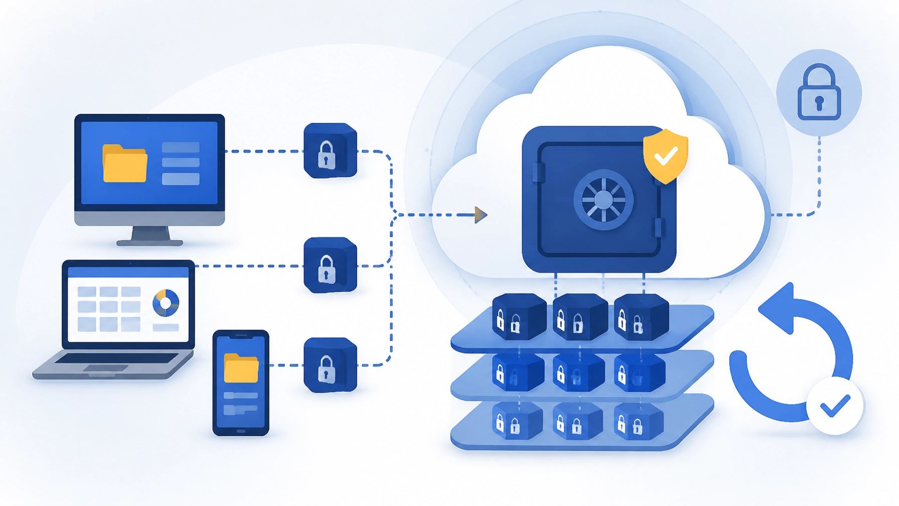 Flat illustration of protected business data moving into a cloud backup vault with a restore arrow, immutable lock, and verification checkmark